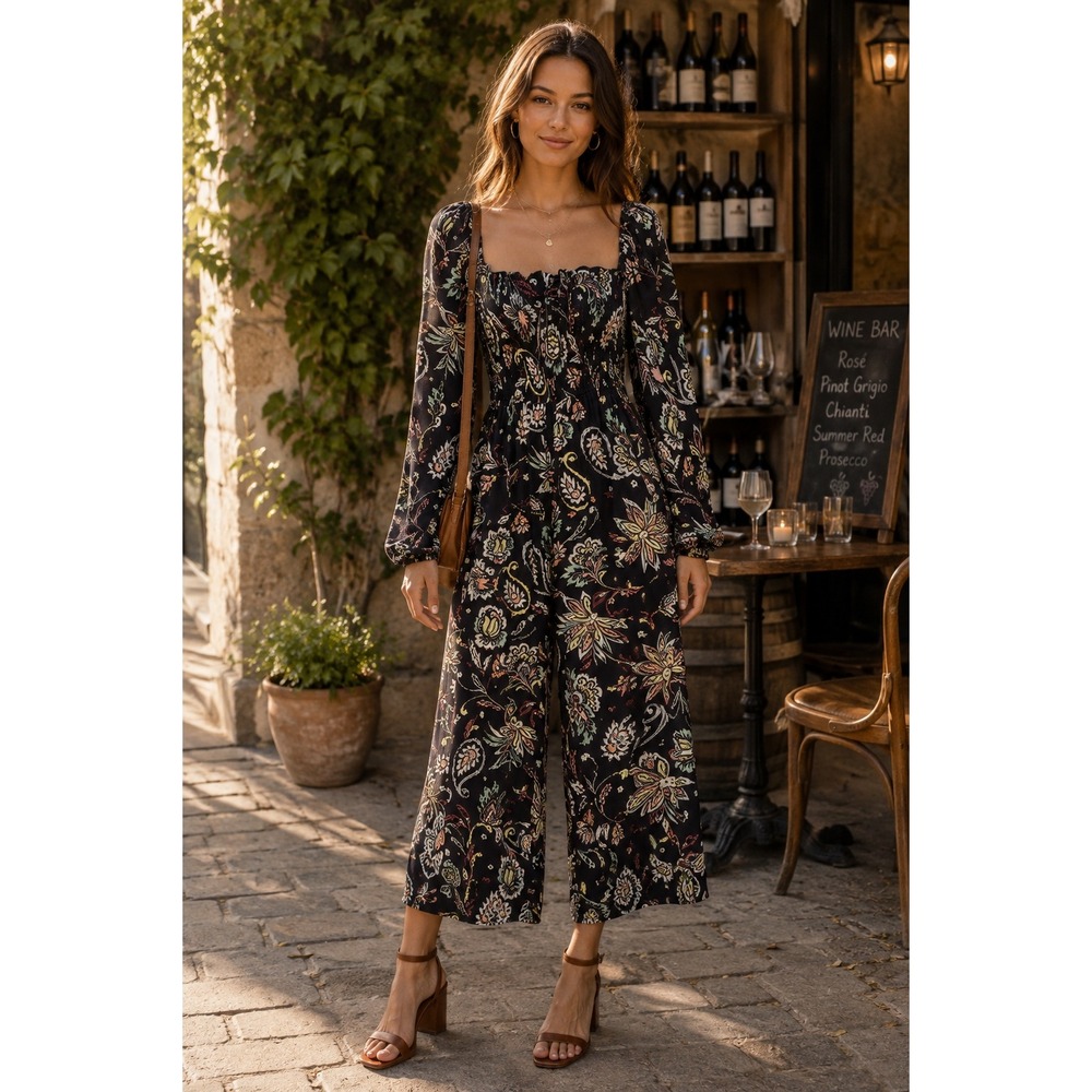 Yumi Kim Floral Smocked Jumpsuit Wide Leg Black Boho Puff Sleeve Size L